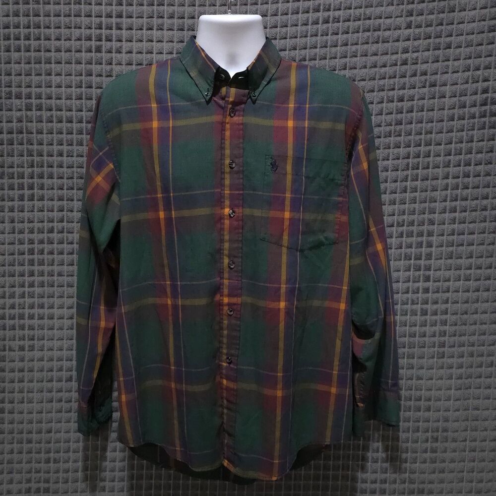 Colorful Plaid Long Sleeve Dress Shirt SzLg VTG 90s Green Light Button Collared